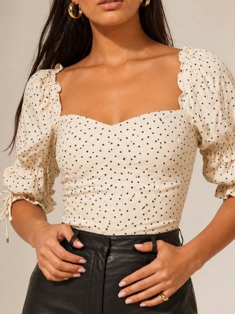 REFORMATION Nina Blouse Polka Dot Puff Sleeve Womens Top Size 4 Ivory Black